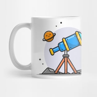 Telescope Astronomy Viewing Cute Planet and Cute Star Cartoon Vector Icon Illustration Mug